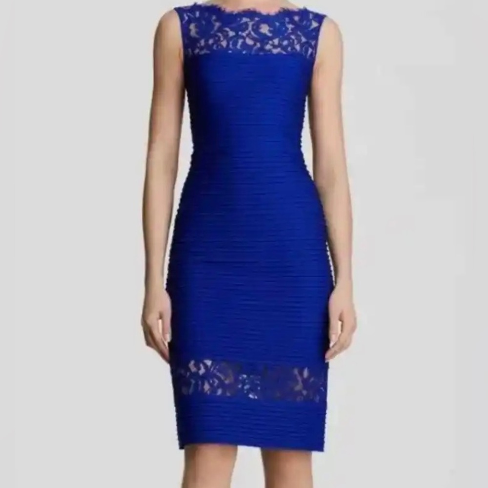 Tadashi Shoji Sleeveless Pintucked Lace Dress Mystic Blue Size Small Petite